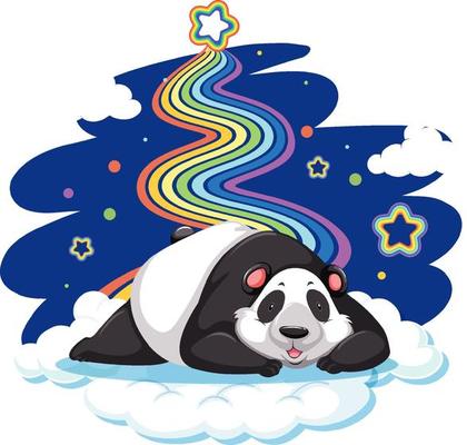 Panda laying on the cloud with rainbow