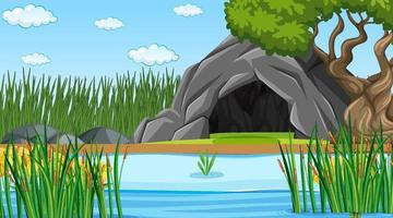 Nature forest landscape at daytime scene with stone cave vector