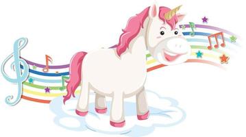 lindo unicornio de pie en la nube con símbolos de melodía en arco iris vector