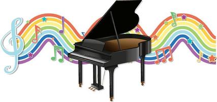 Piano with melody symbols on rainbow wave vector