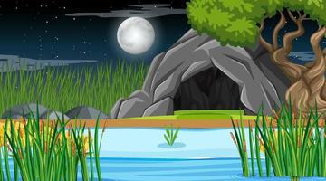 Nature forest landscape at night scene with stone cave vector
