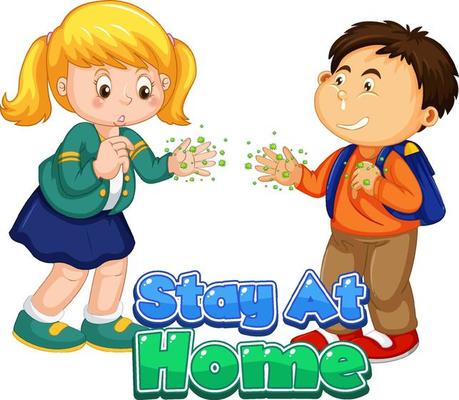 Stay At Home font in cartoon style with two kids do not keep social distance isolated on white background