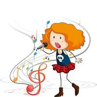 Doodle personaje de dibujos animados de una chica cantante cantando con símbolos de melodía musical
