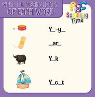 Write the missing letter of each word worksheet for children vector