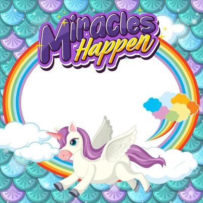 Empty banner with cute pegasus cartoon character on pastel mermaid scales