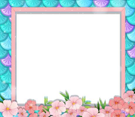 Blank banner on rainbow fish scales background with many flowers