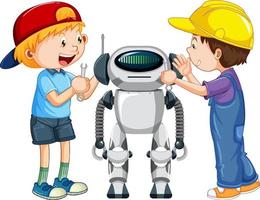 Dos niños construyendo robot sobre fondo blanco. vector