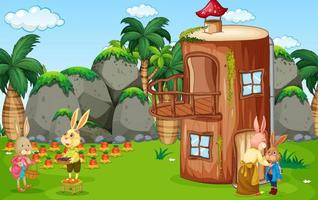 Outdoor scene with many rabbit cartoon character in the garden vector