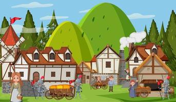 Medieval town scene with villagers vector