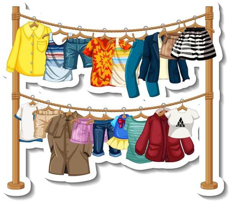 A sticker template of Clothes racks with many clothes on hangers on white background