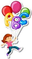 Sticker template with a girl flying with many balloons isolated vector