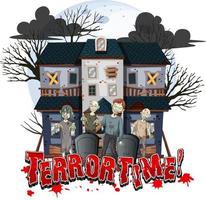 Terror Time text design with Haunted House vector