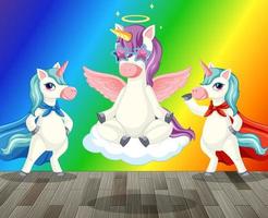 Unicorns and pegasus on rainbow gradient background vector