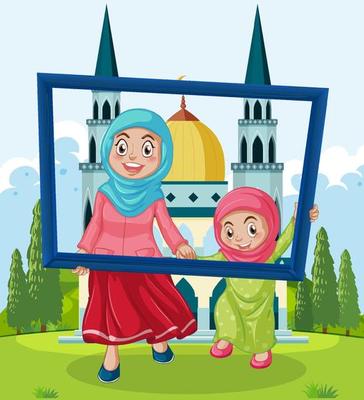 Mother and daughter holding photo frame outdoor background