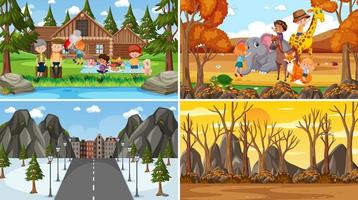 Four different scenes with children cartoon character vector