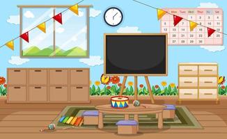 Empty kindergarten room with classroom objects and interior decoration vector