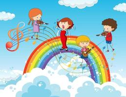 Niños felices con símbolos de melodía musical en el cielo con arco iris vector