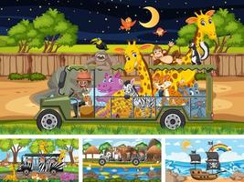 Four different zoo scenes with kids and animals vector