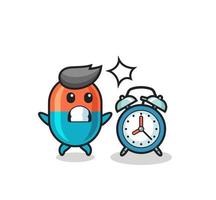 Cartoon Illustration of capsule is surprised with a giant alarm clock vector
