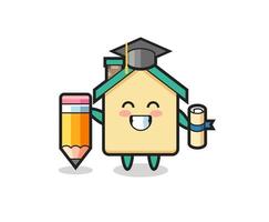 house illustration cartoon is graduation with a giant pencil vector