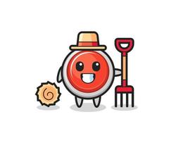 Mascot character of emergency panic button as a farmer vector