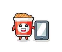 instant noodle illustration cartoon holding a smartphone vector