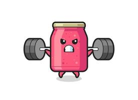 strawberry jam mascot cartoon with a barbell vector