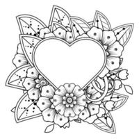 mehndi flower with frame in shape of heart vector