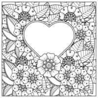 mehndi flower with frame in shape of heart vector