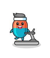capsule cartoon character walking on the treadmill vector