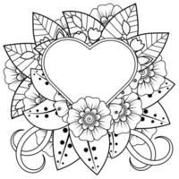 flor mehndi con marco en forma de corazón, adorno de doodle vector