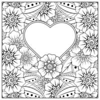 flor mehndi con marco en forma de corazón, adorno de doodle vector