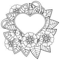 flor mehndi con marco en forma de corazón, adorno de doodle vector