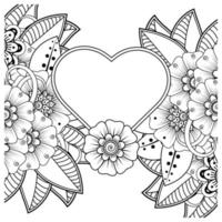 flor mehndi con marco en forma de corazón, adorno de doodle vector