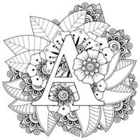 Letter A with Mehndi flower. decorative ornament in ethnic oriental vector
