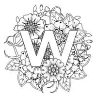 Letter W with Mehndi flower. decorative ornament in ethnic oriental vector