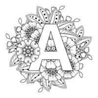 Letter A with Mehndi flower. decorative ornament in ethnic oriental vector