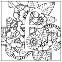 Letter F with Mehndi flower. decorative ornament in ethnic oriental vector