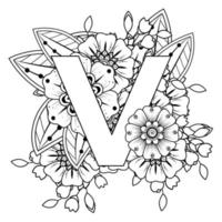 letra v con flor mehndi. adorno decorativo en etnia oriental vector