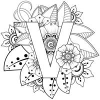letra v con flor mehndi. adorno decorativo en etnia oriental vector