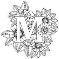 Letter M with Mehndi flower. decorative ornament in ethnic oriental vector