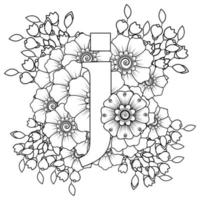 Letter J with Mehndi flower. decorative ornament in ethnic oriental vector