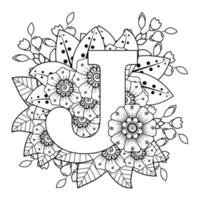 Letter J with Mehndi flower. decorative ornament in ethnic oriental vector