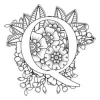 Letter Q with Mehndi flower. decorative ornament in ethnic oriental vector