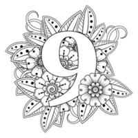 Number 9 with Mehndi flower. decorative ornament in ethnic oriental. vector