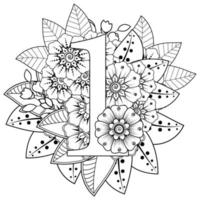 Number 1 with Mehndi flower. decorative ornament in ethnic oriental. vector