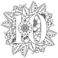 Number 10 with Mehndi flower. decorative ornament in ethnic oriental. vector