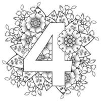 número 4 con flor mehndi. adorno decorativo en etnia oriental. vector