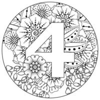 número 4 con flor mehndi. adorno decorativo en etnia oriental. vector