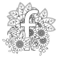 Letter F with Mehndi flower. decorative ornament in ethnic oriental vector